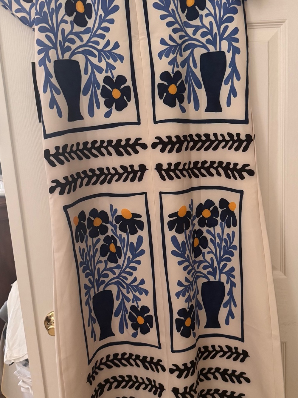 Tuckernuck NWT Cream Maxi Dress with Blue Floral Panels and Black Trim - Picture 4 of 7
